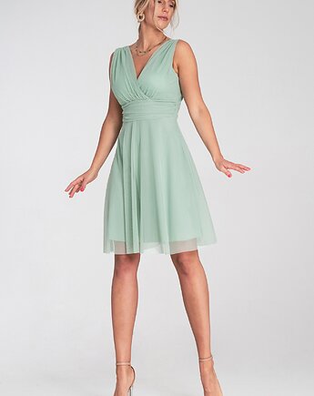 Elegancka rozkloszowana sukienka koktajlowa midi bez rękawów z kopertowym dek, FIGL