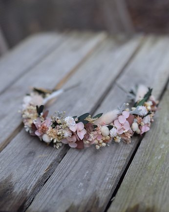 Rustykalna opaska na głowę z suszonych i stabilizowanych  kwiatów, Projekt wianki