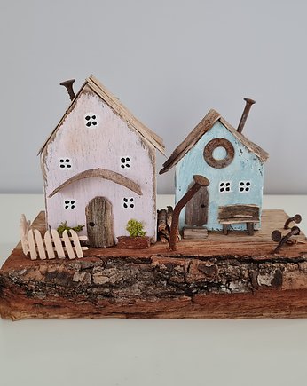 Pastelowe małe domki, drewniane dekoracje na komodę. prezent, W moim domku