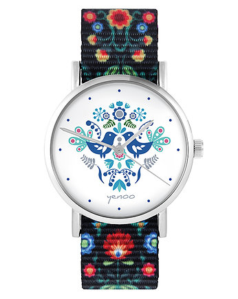 Zegarek - Ptaki folkowe, blue - folk czarny, nato, yenoo