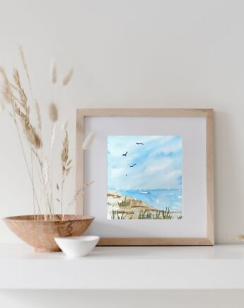 Akwarela Morski pejzaż oryginalny obraz A5 21x15 cm, Kwitnace