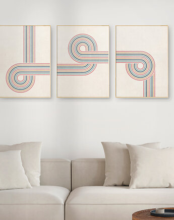 Zestaw 3 geometrycznych plakatów liniowych, modern retro, pastele., Grawisfera