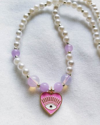 Naszyjnik z koralików perłowych jadeit serce oko proroka, Amithu_jewelry 