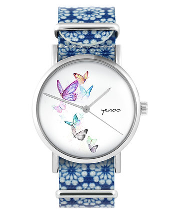 Zegarek - Motyle - niebieski, kwiaty, yenoo