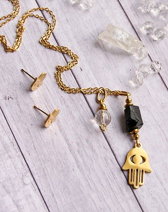 Modułowy komplet OCHRONA turmalin, hamsa : naszyjnik & kolczyki, kaktusia