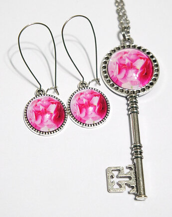 Naszyjnik klucz i kolczyki - Różowa pelargonia, yenoo