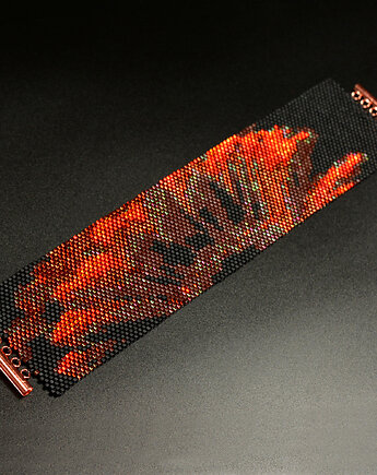 Red Flower, szeroka wyplatana bransoleta, beading, Sol