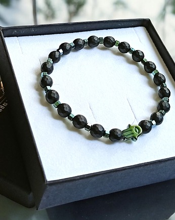 HAMSA - ochrona - fasetowany onyks mat, hematyt emerald, kaktusia