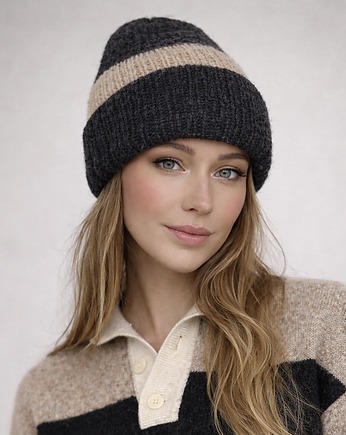 Czapka Mila beanie paski podwójne ocieplenie baby alpaka wełna merino, GANGSTA KNIT