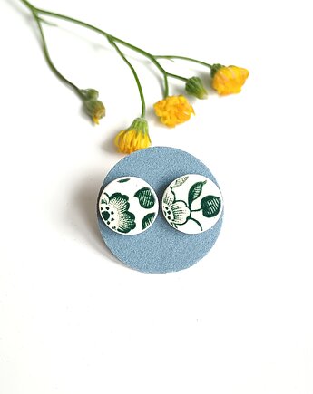 Kolczyki ceramiczne w zielone kwiaty, biżuteria z talerzy