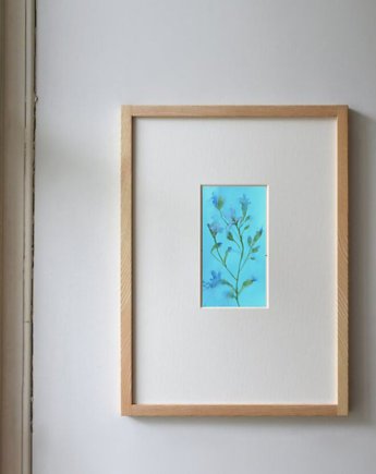 Akwarela Kwiaty oryginalny obraz niebieski papier 10,5x22 cm, Kwitnace