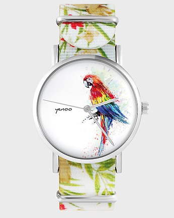 Zegarek - Papuga - kwiaty, nato, biały, OSOBY - Prezent dla teścia
