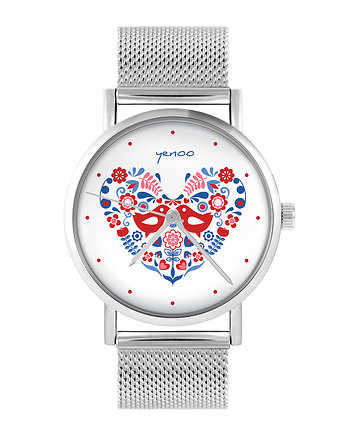 Zegarek - Ptaszki folkowe - bransoleta mesh, yenoo