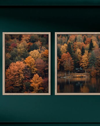 DWA PLAKATY las jesienny, kolorowe drzewa, leśna dekoracja, black dot studio