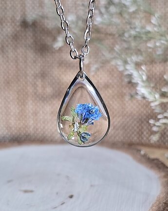 Wieczne kwiaty srebrny wisiorek prawdziwe kwiaty naszyjnik niebieska gipsówka, zkwiatem