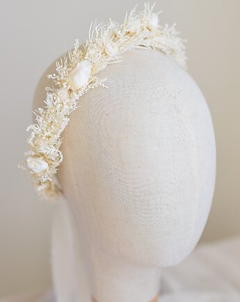 Biały, komunijny wianek na głowę z suszonych i stabilizowanych kwiatów, Projekt wianki