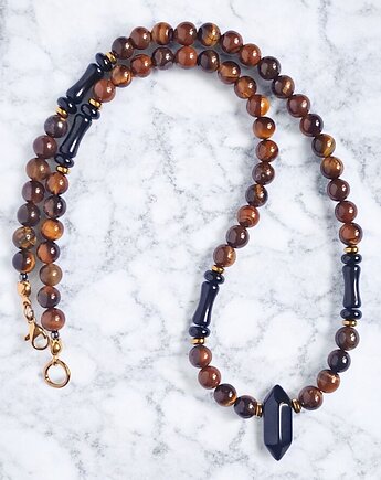 SUKCES, SIŁA, ODWAGA : naszyjnik męski : tygrysie oko, onyks, kaktusia