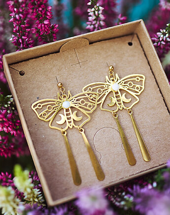 Kolczyki pozłacane Ćmy z kamieniem księżycowym, Okruszek Biżuteria