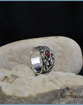 Pierścionek Obrączka ze Srebra, Złota i Granatu. r.15, An Artisan Nova