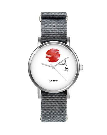 Zegarek  mały - Japońskie żurawie 2 - nylonowy, szary, yenoo