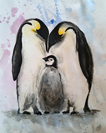 Unconditionally - Obraz Akwarela A3 Pingwiny Miłość Macierzyństwo, kkjustpaint Karolina Kamińska