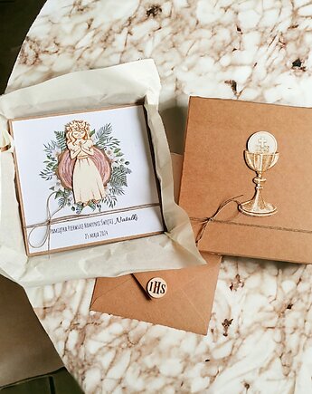 Kartka, personalizacja, pudełko, koperta : drewno: dziewczynka., kaktusia