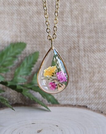 Złoty wisiorek prawdziwe kwiaty paproć, zkwiatem