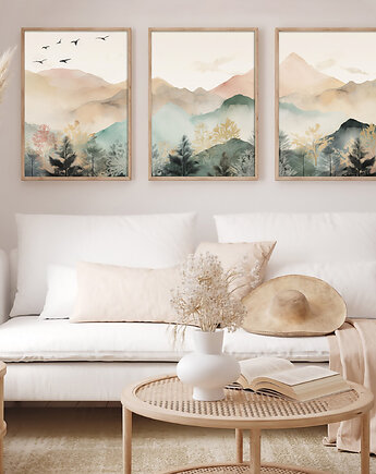 Plakat Tryptyk Mglista kraina w akwarelach, Harvest Maison