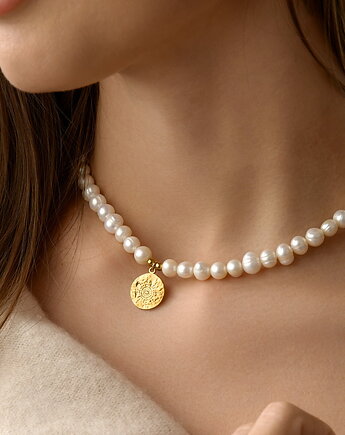 Naszyjnik perły naturalne moneta- stal szlachetna pozłacana, Coccola JEWELLERY