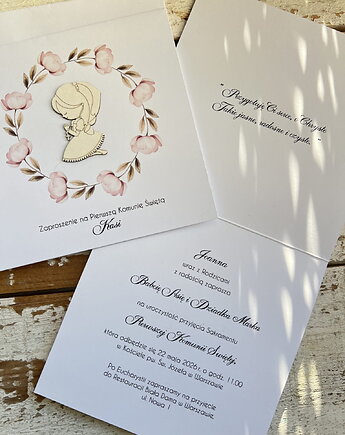 Białe eleganckie zaproszenia komunijne, na komunię, sorte