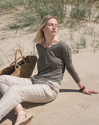 Lniana bluzka dzianinowa szałwiowa zieleń, LENOUI