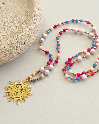 Naszyjnik na sznurku słońce kamień rzeczny, agat, jadeit, perły, Magneska