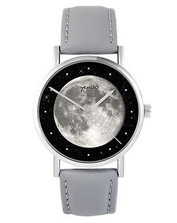 Zegarek - Księżyc - szary, skórzany, yenoo