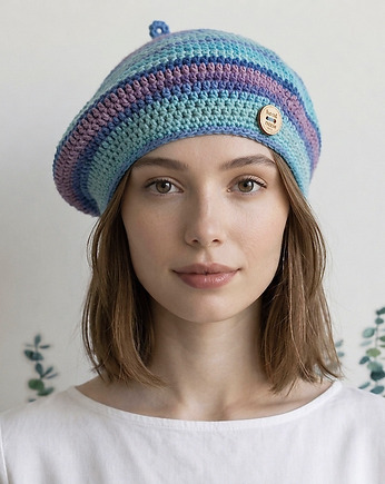 Wiosenny beret damski z antenką ręcznie robiony bawełna one size, splotomaniaa