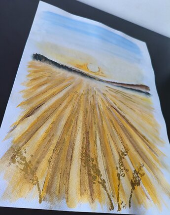 Złote akwarele 30x42 słońce morze zachód szlagmetal złoto folia Golden Sun, kkjustpaint Karolina Kamińska