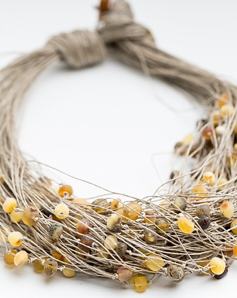 Naszyjnik bursztynowy w sylu boho, naszyjnik lniany, bursztyn bałtycki, AmberMal