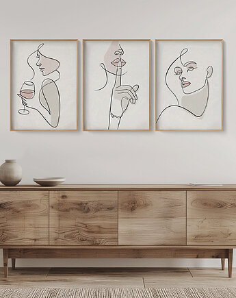 Zestaw 3 stylowych plakatów w stylu Boho, kobieta, twarz, line art., Grawisfera
