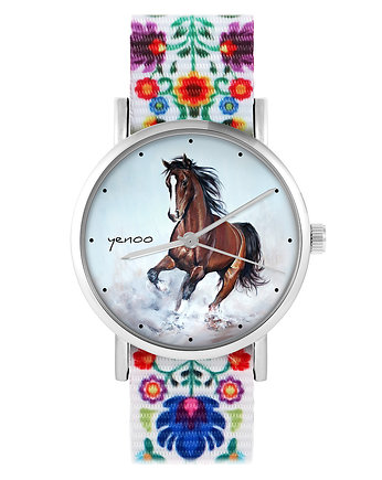 Zegarek - Brązowy koń - folk biały, nylonowy, yenoo