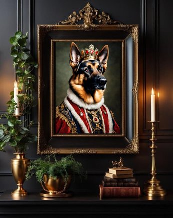 PLAKAT pies owczarek niemiecki w stroju królewskim, portret dworski, prezent, black dot studio
