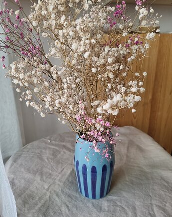Niebieski WAZON ceramiczny w paski - UNIKAT, krusz art