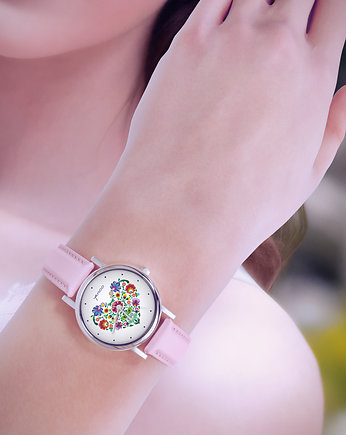 Zegarek  mały - Serce folkowe - skórzany, pudrowy róż, yenoo