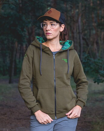 Bluza damska z kapturem rozpinana ZAMGLONY LAS khaki, Szwendam sie