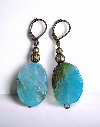 UNIKATOWE kolczyki : okazałe : agat aqua : stare złoto, kaktusia