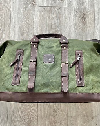 Duża torba podróżna ze skóry i bawełny zielono-brązowa w stylu Vintage., Rkabags