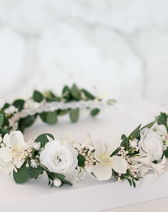 Biały wianek na głowę - kwiaty jabłoni i róże, Lola White