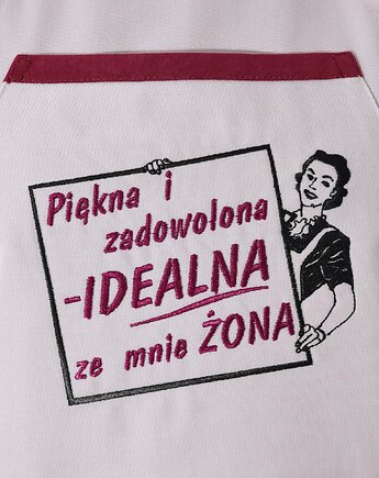 Fartuch Kuchenny bawełniany beżowy haftowany Idealna żona EXTRA PREZENT, Wyszywane