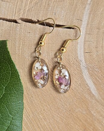 Wieczne kwiaty różowe kolczyki złote wiszące kobiece dziewczęce, zkwiatem