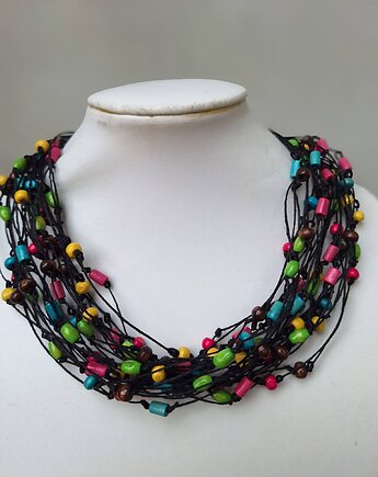 Naszyjnik lniany z kolorowym drewnem.Energetyczny, cynamonn