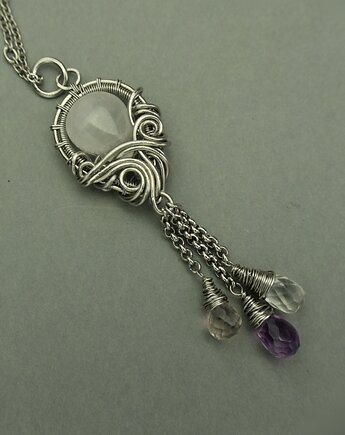 Długi wisiorek kryształ górski i ametyst wire wrapping, Agata Rozanska