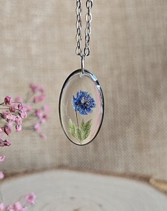 Srebrna zawieszka jajowata suszone kwiaty niebieska gipsówka